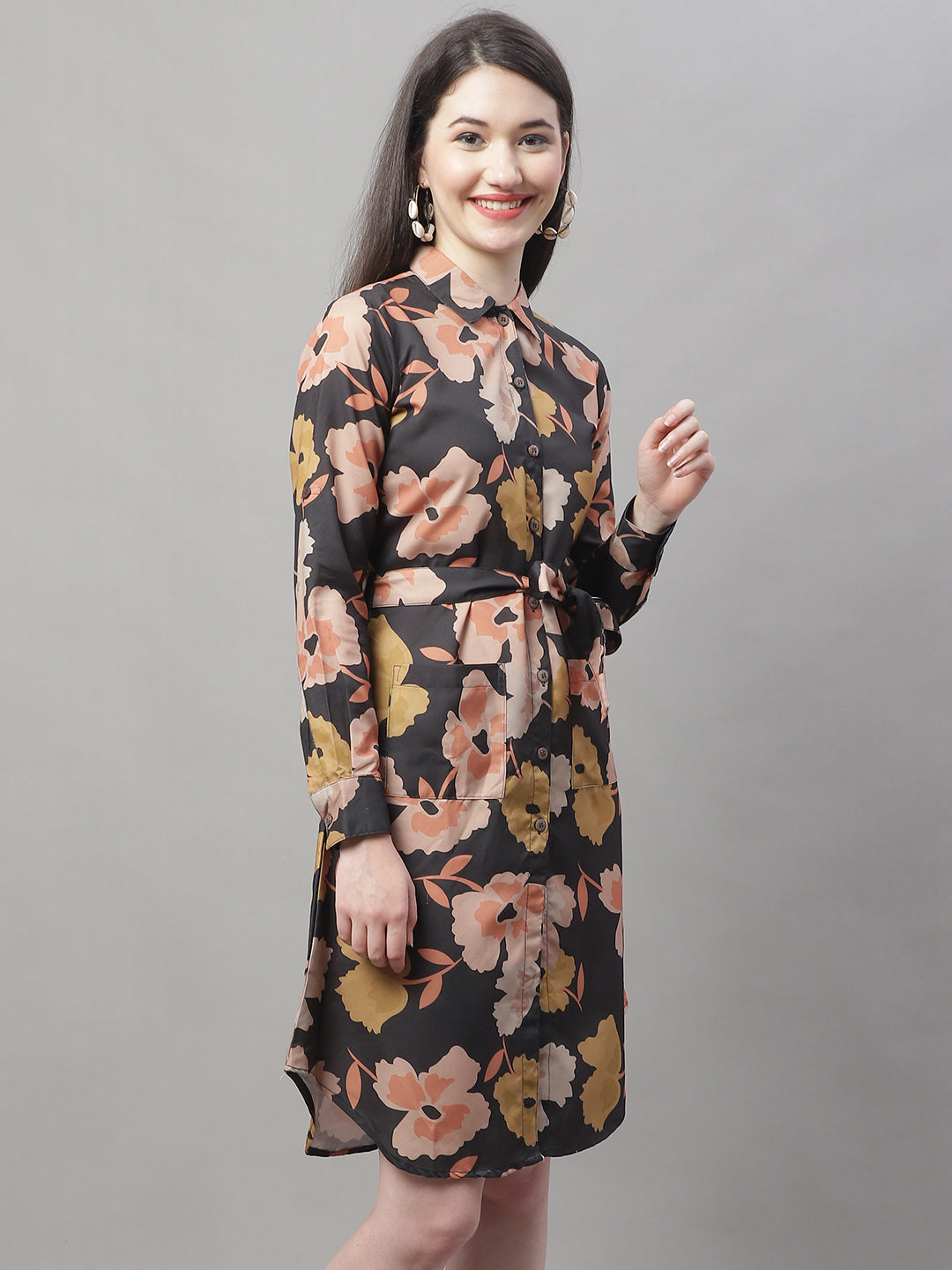 Jainish Women's Black Printed A-Line Dresses With Belt - Distacart