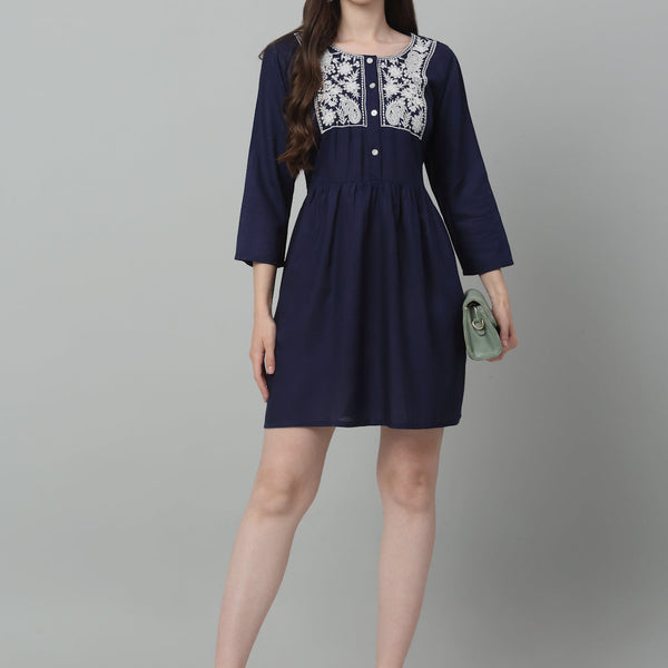 Jainish Women's WoEmbroidered A-line Dress - Navy Blue - Distacart