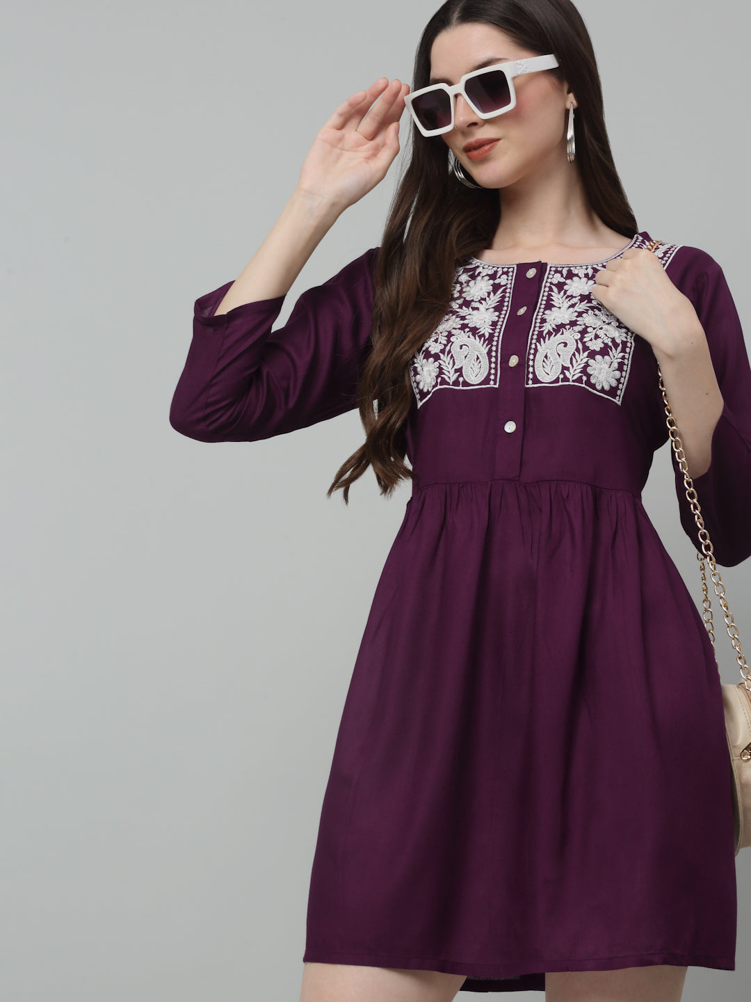 Jainish Women's WoEmbroidered A-line Dress - Purple - Distacart