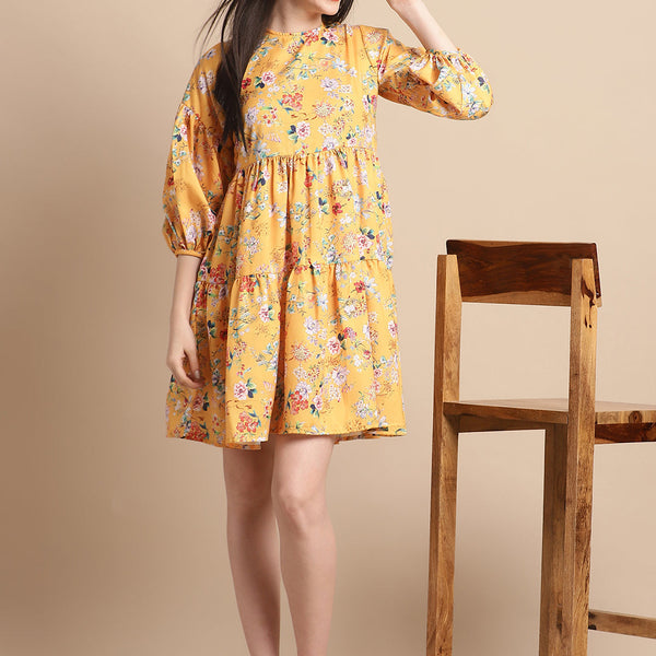 Jainish Women's Yellow Printed A-Line Dress - Distacart