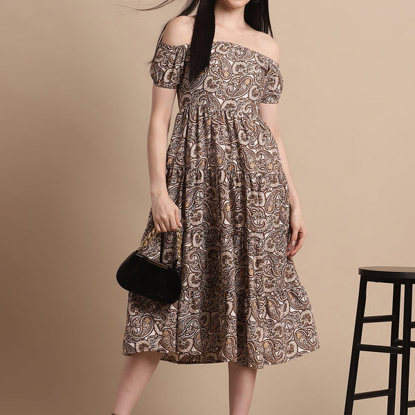 Jainish Women's WoBrown Printed off-Shoulder Dress - Distacart