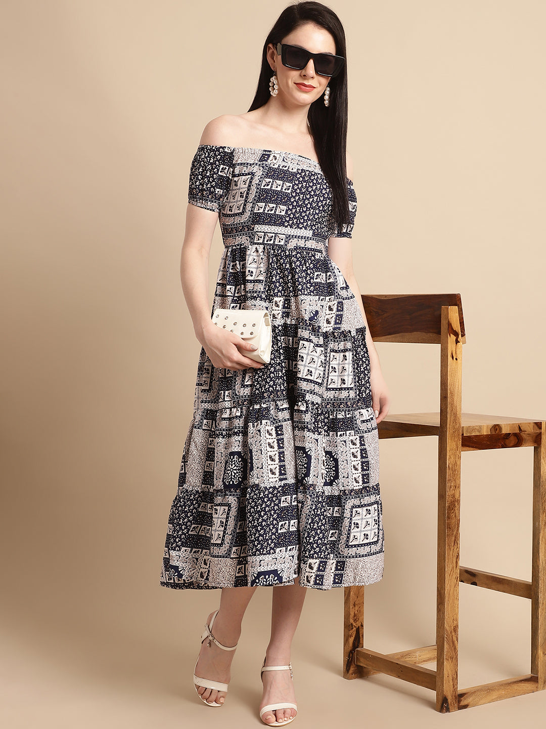 Jainish Women's WoNavy Blue Printed off-Shoulder Dress - Distacart