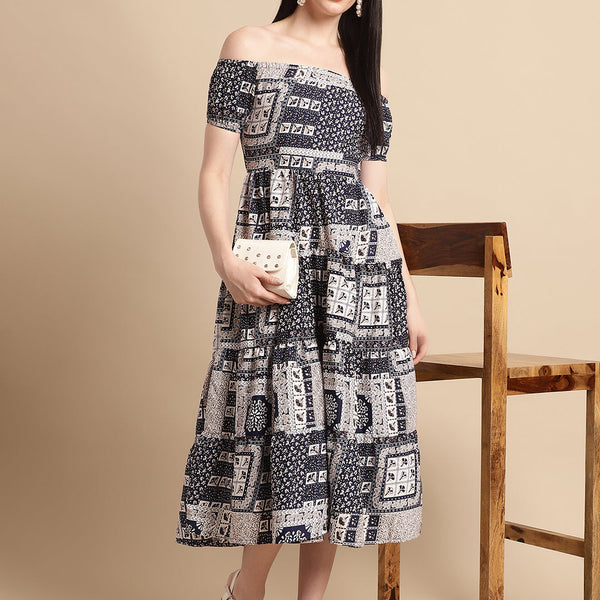 Jainish Women's WoNavy Blue Printed off-Shoulder Dress - Distacart