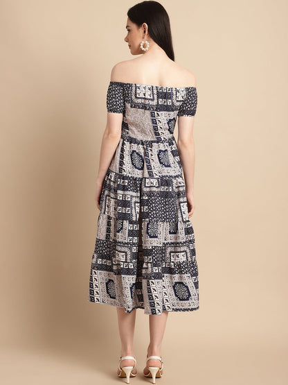 Jainish Women's WoNavy Blue Printed off-Shoulder Dress - Distacart