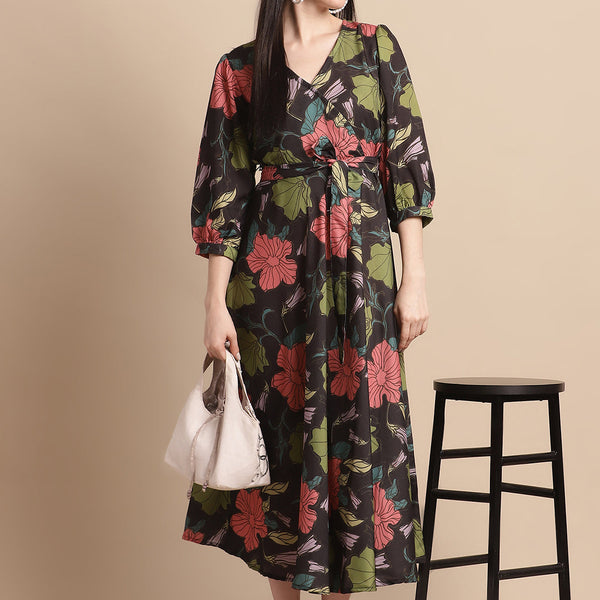 Jainish Women's WoBlack Floral Printed A-line Dress With Belt - Distacart