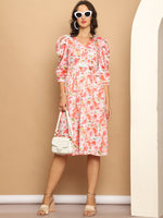 Thumbnail for Women's Floral Printed A-Line Dress With Belt (Orange) - Rasiya