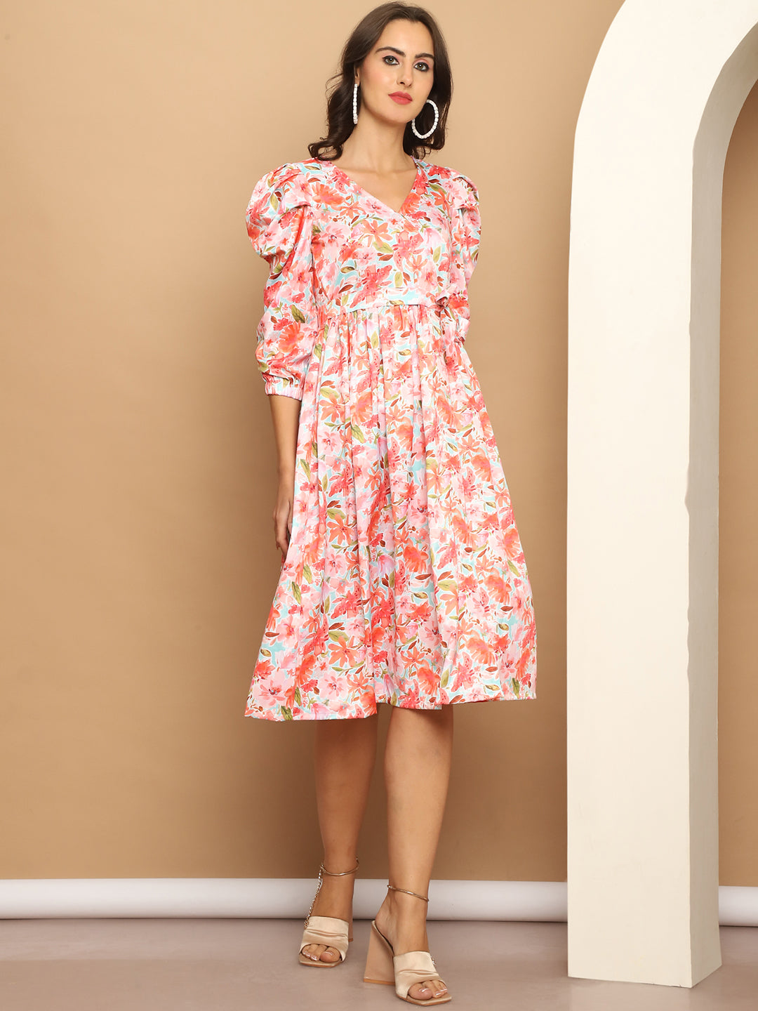 Women's Floral Printed A-Line Dress With Belt (Orange) - Rasiya