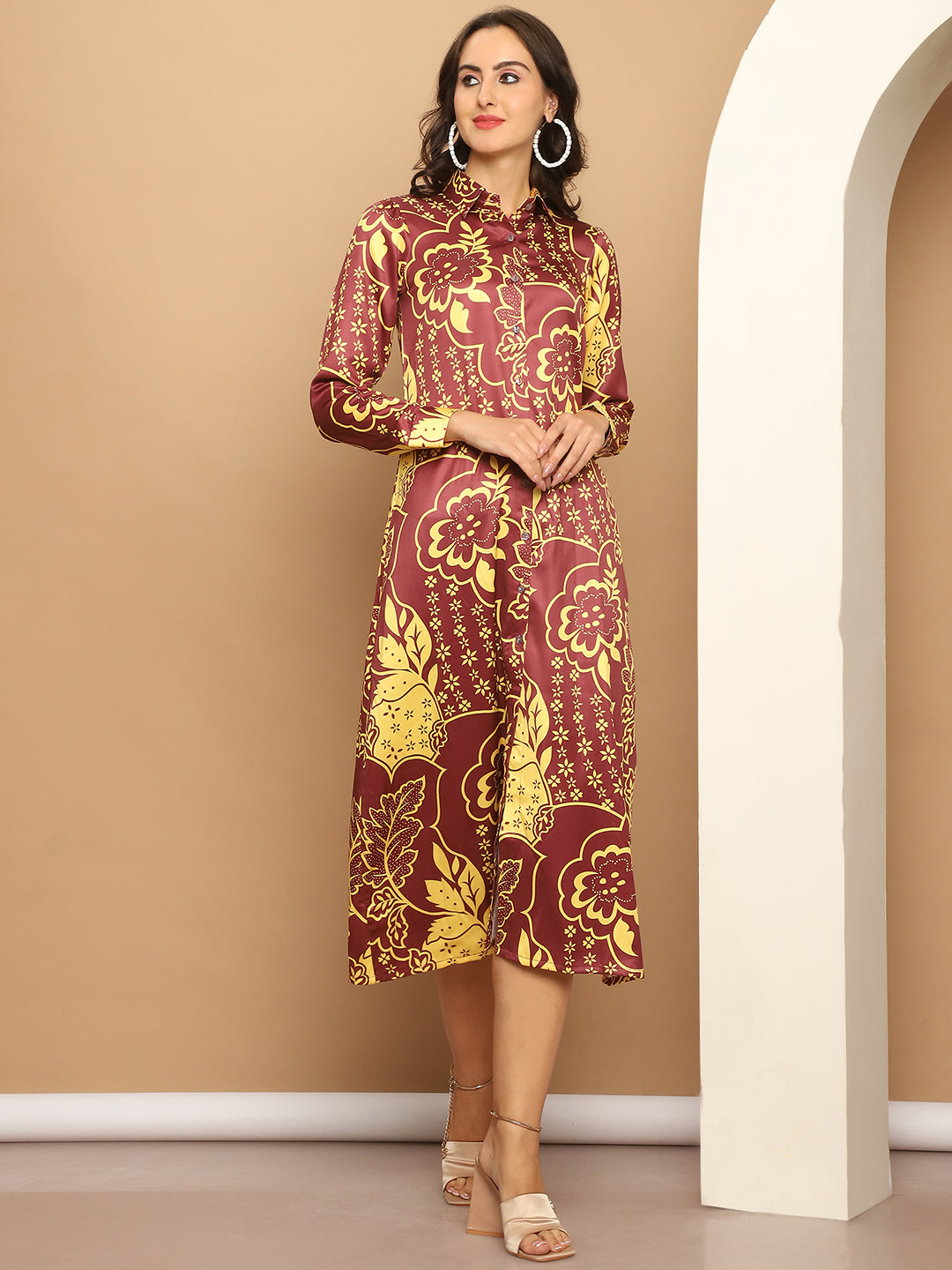 Floral Printed A-Line Dress For Women (Brown) - Rasiya