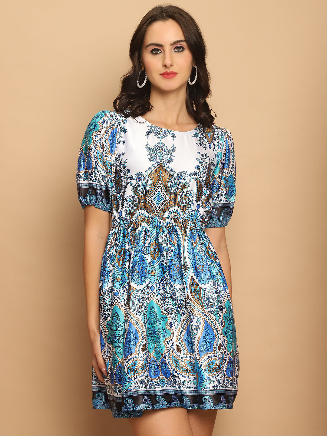 Printed Flared Dress For Women (Blue) - Rasiya
