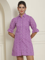 Thumbnail for Indian Needle Women's Embroidered Cotton Dress - Purple - Distacart