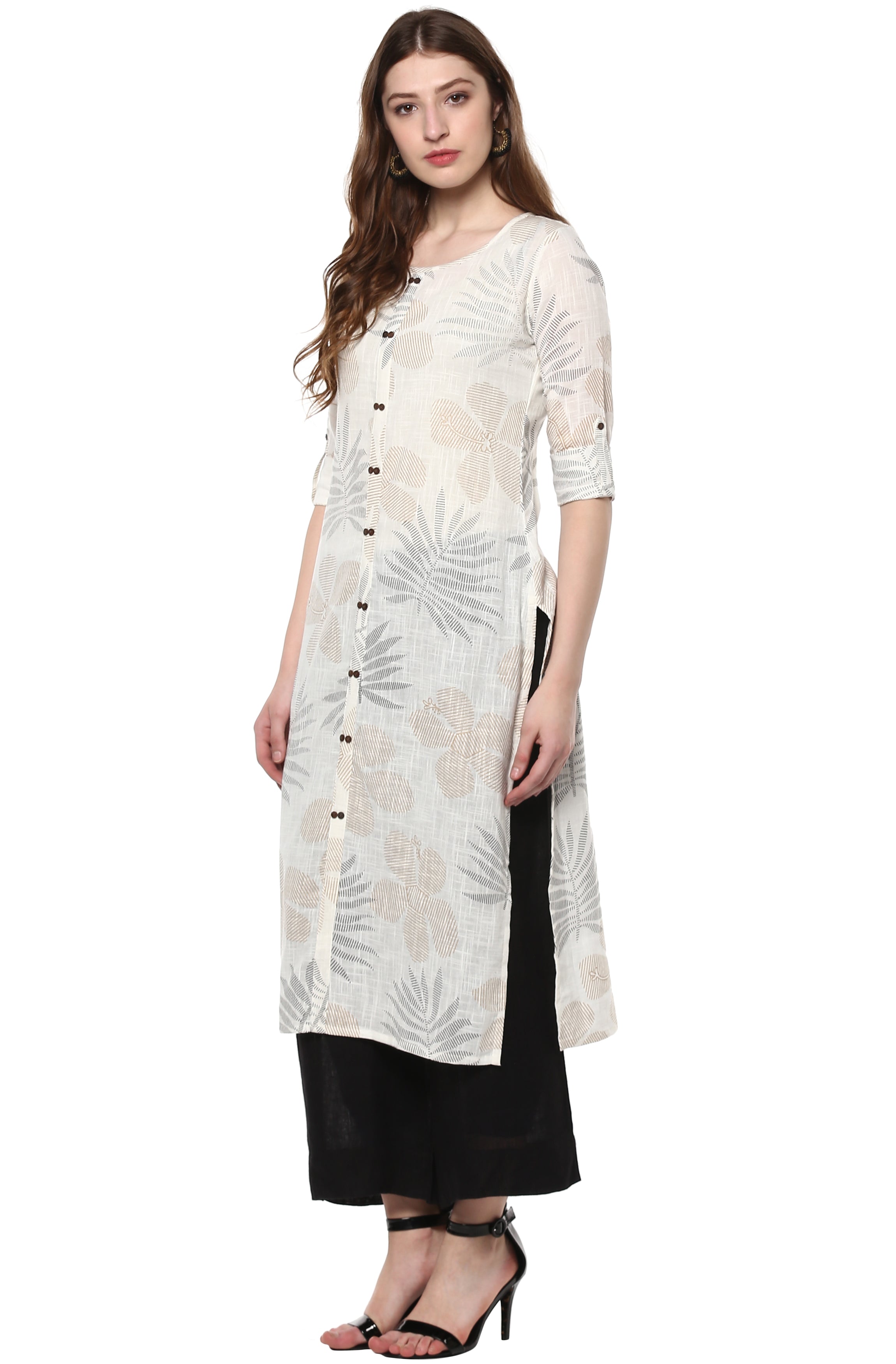 Janasya Off White Cotton Foil Print Straight kurta - Distacart