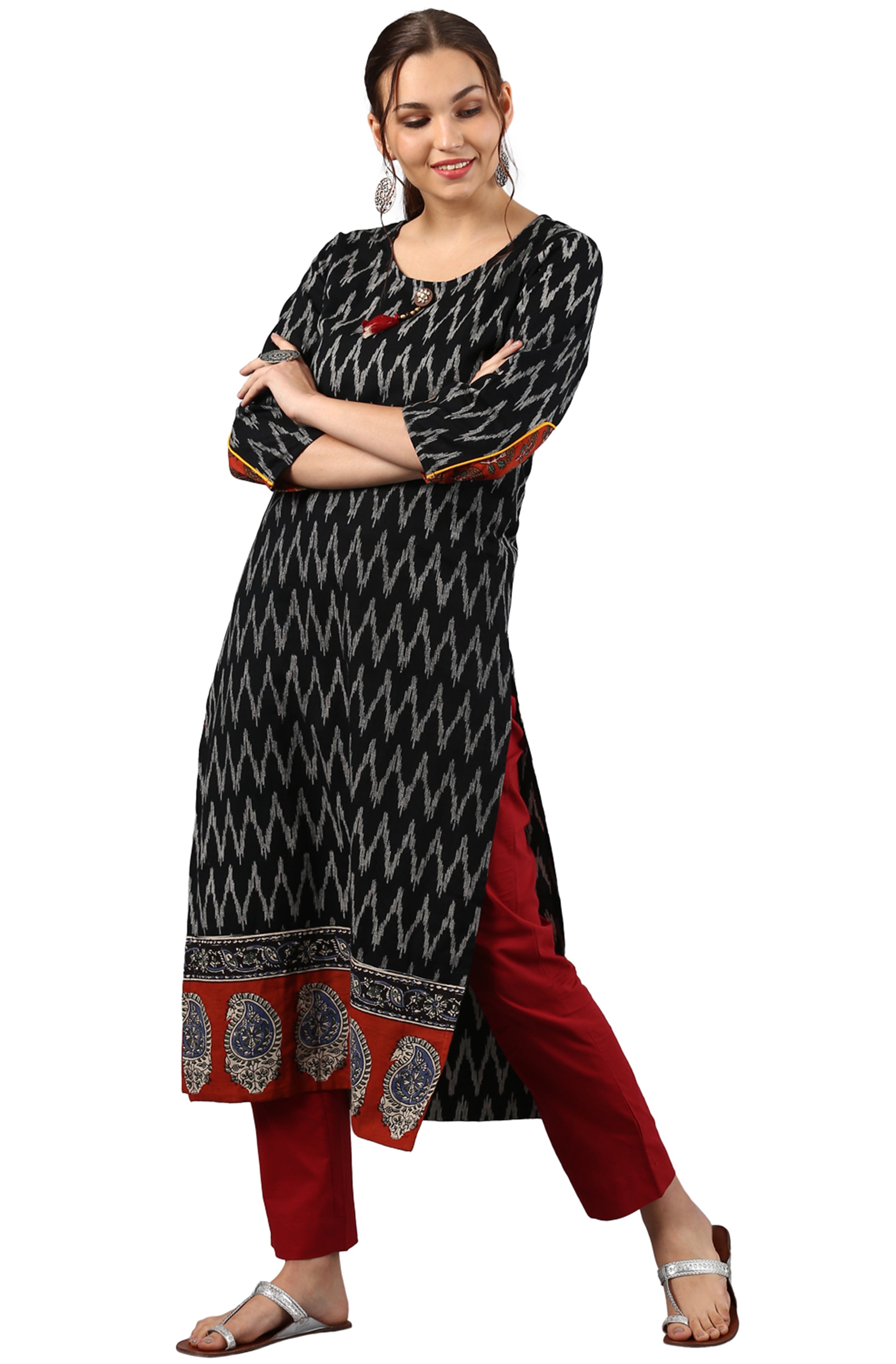 Janasya Black Cotton Ikat Straight kurta - Distacart