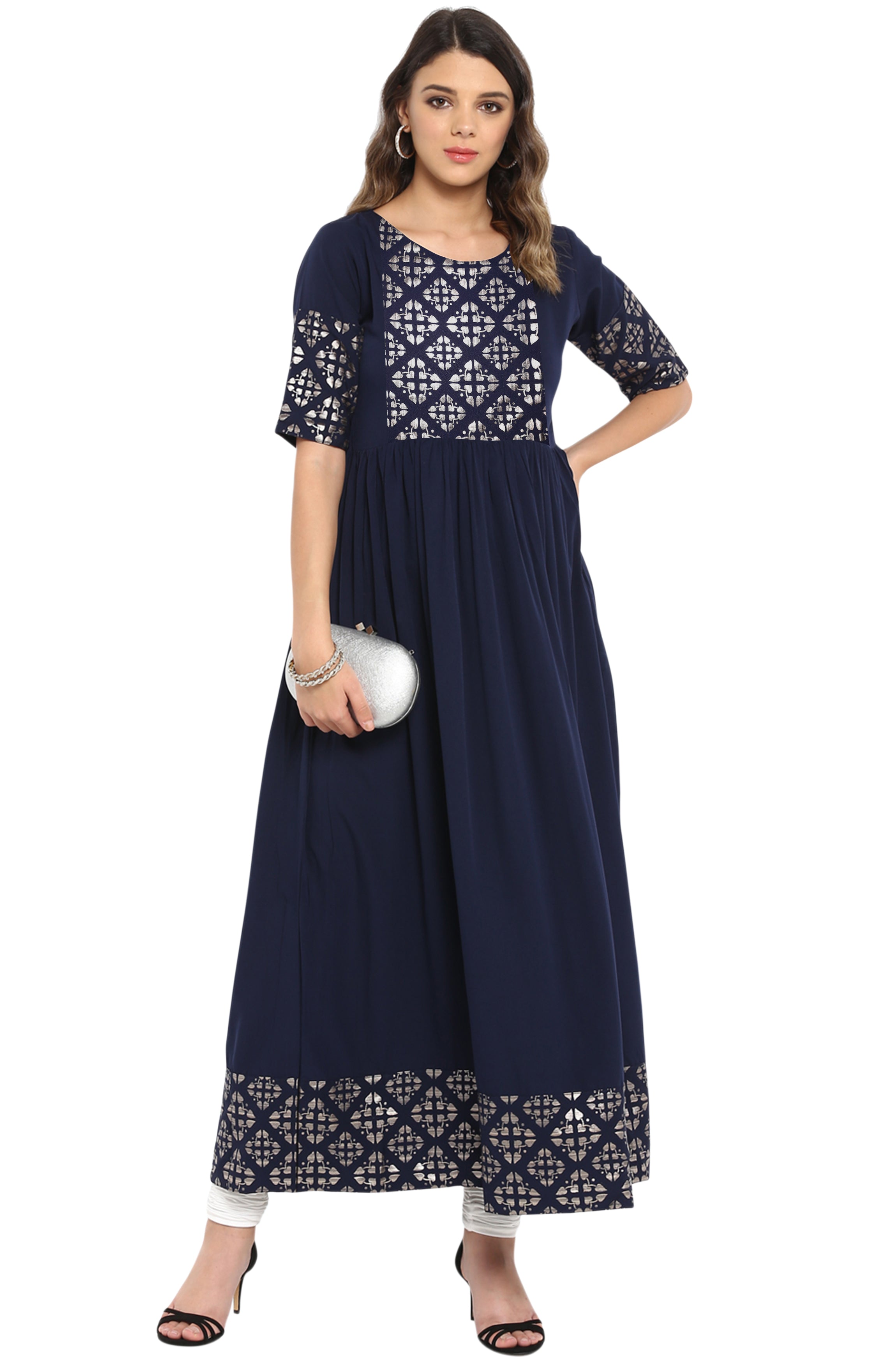 Janasya Dark Blue Poly Crepe Foil Print Flared kurta - Distacart