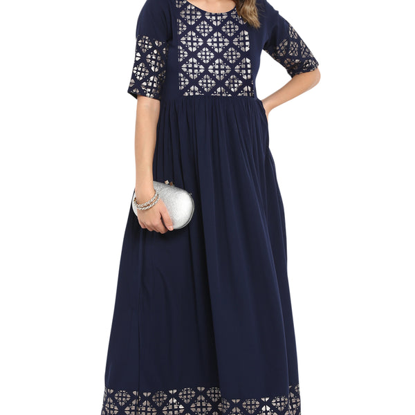 Janasya Dark Blue Poly Crepe Foil Print Flared kurta - Distacart
