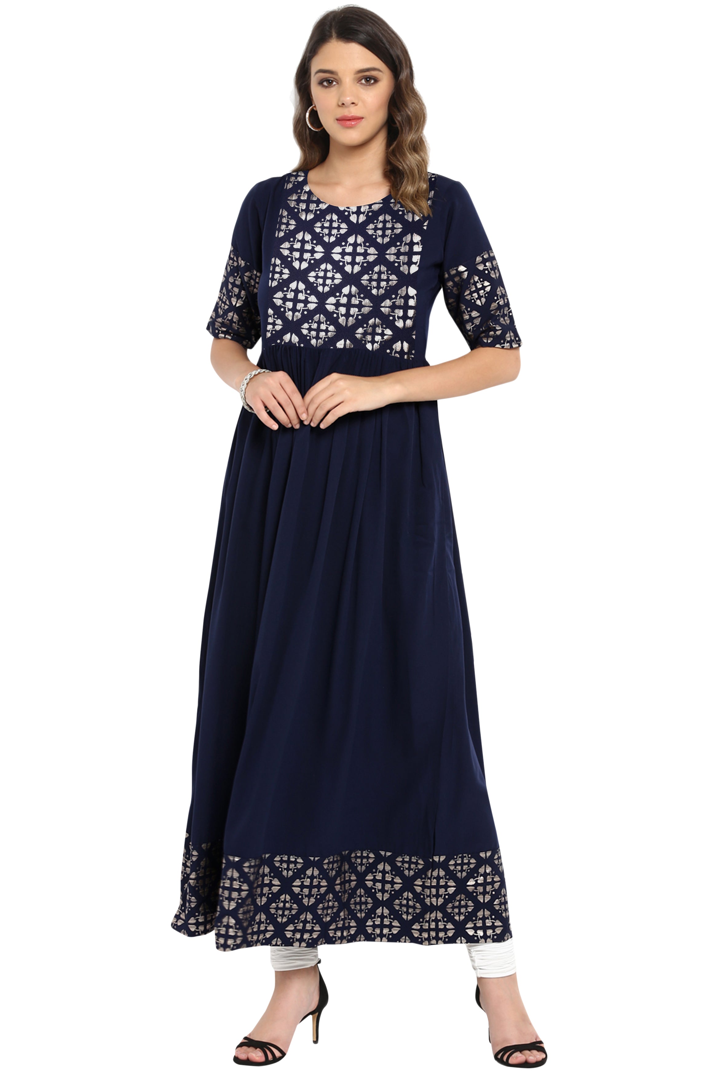 Janasya Dark Blue Poly Crepe Foil Print Flared kurta - Distacart