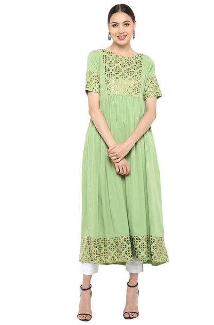 Janasya Light Green Poly Crepe Gold Print Flared kurta - Distacart