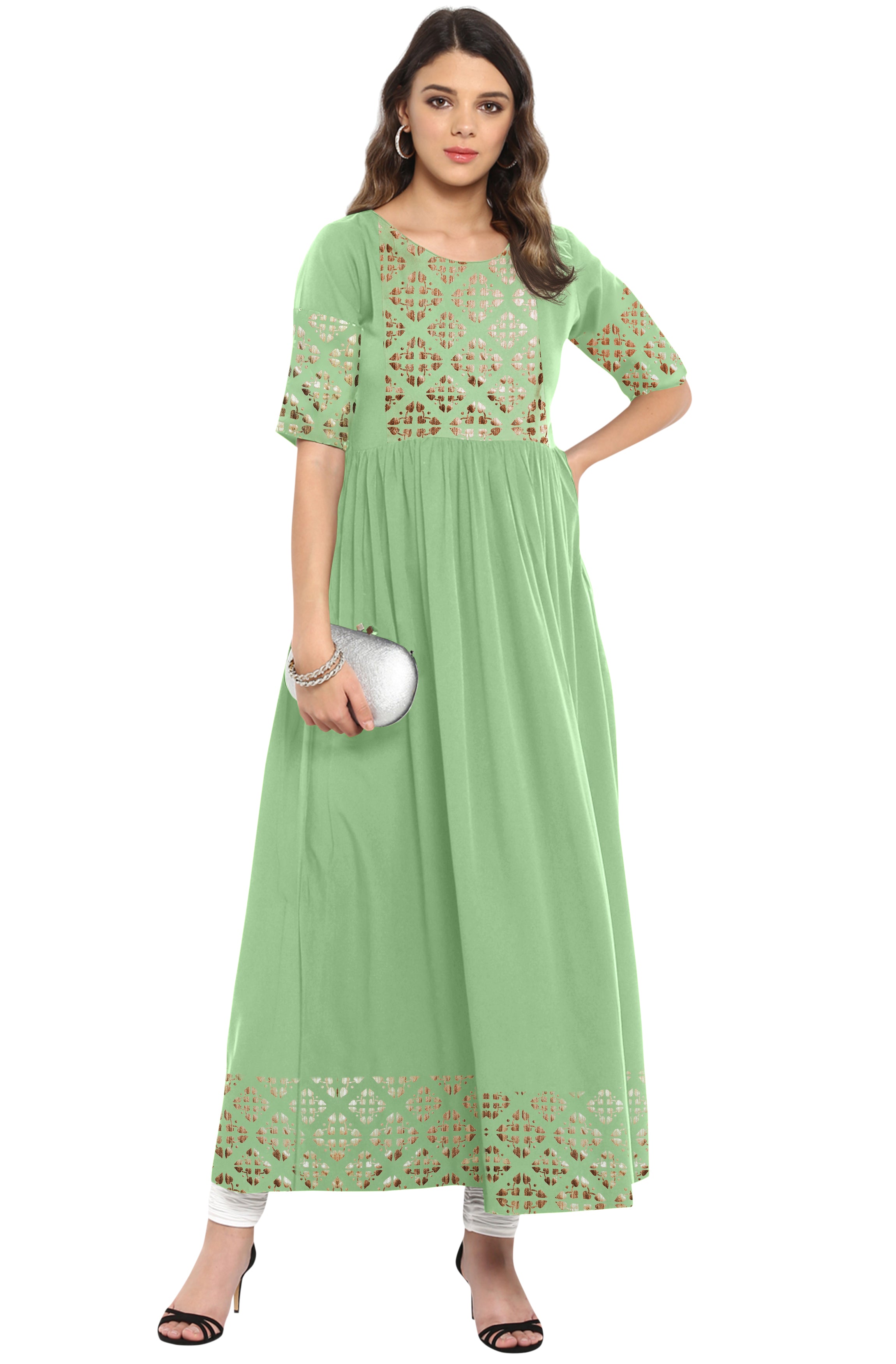 Janasya Light Green Poly Crepe Gold Print Flared kurta - Distacart
