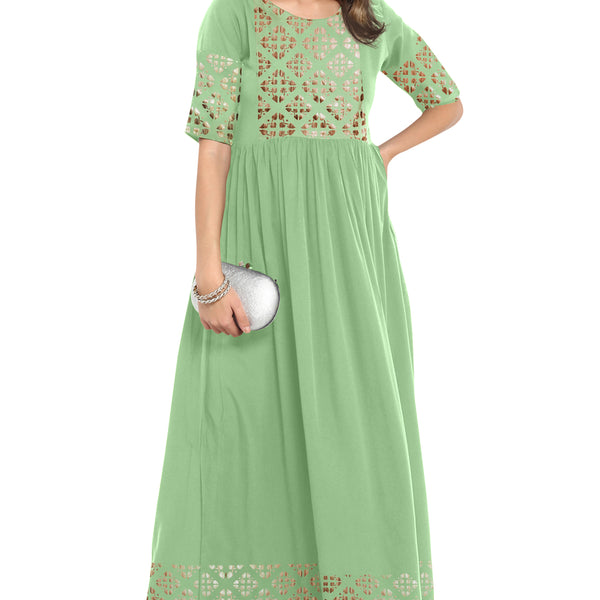 Janasya Light Green Poly Crepe Gold Print Flared kurta - Distacart
