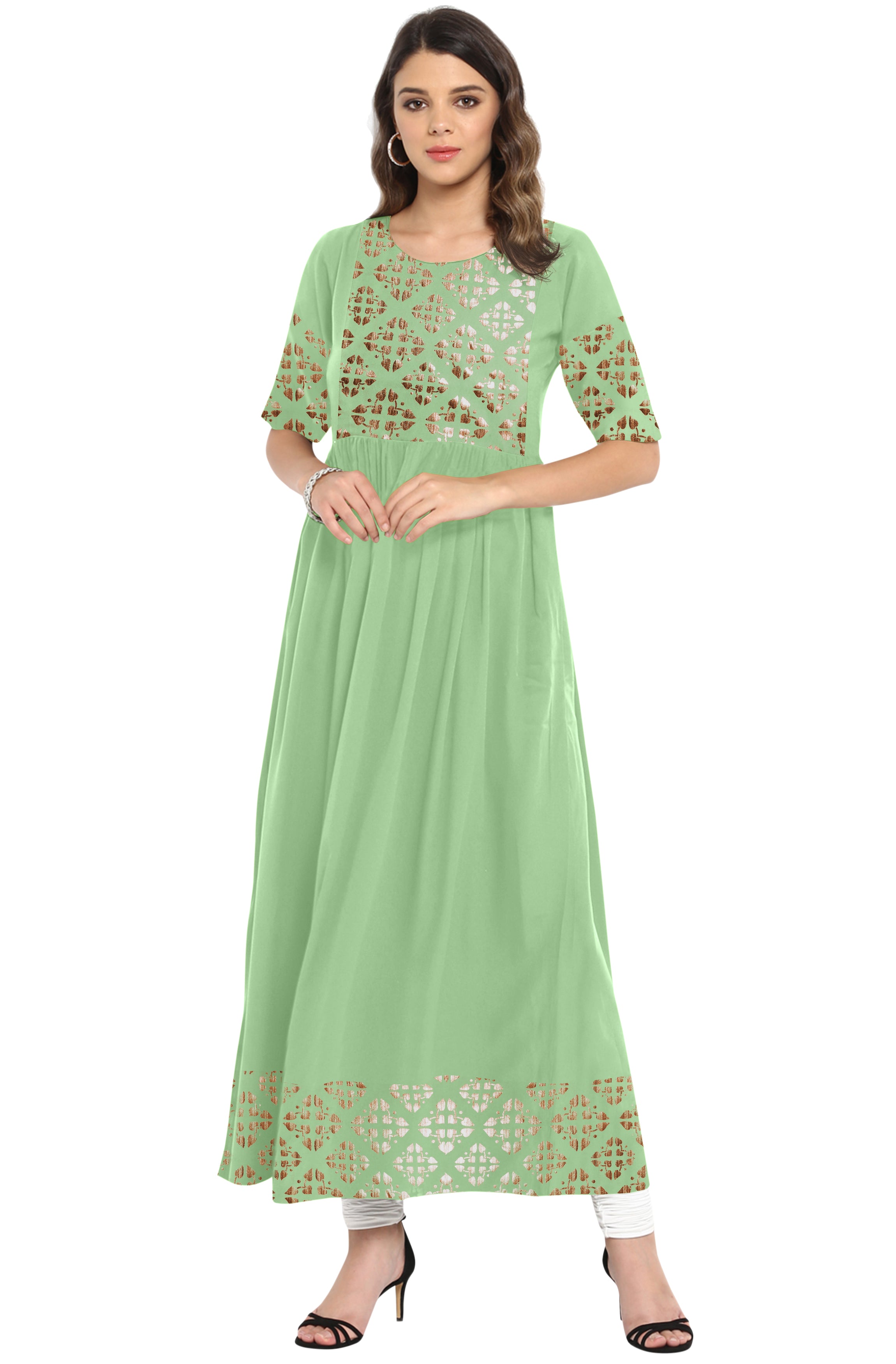 Janasya Light Green Poly Crepe Gold Print Flared kurta - Distacart