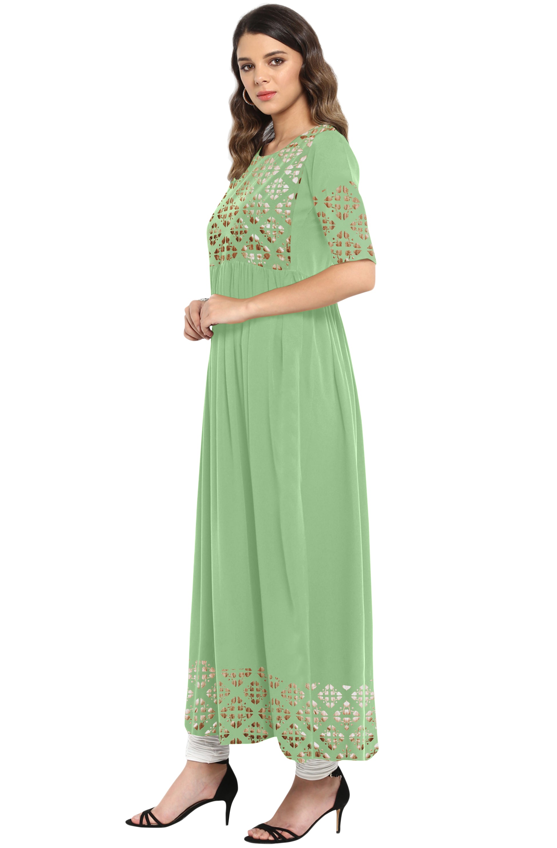 Janasya Light Green Poly Crepe Gold Print Flared kurta - Distacart