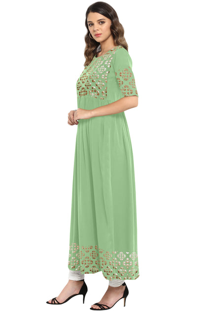 Janasya Light Green Poly Crepe Gold Print Flared kurta - Distacart