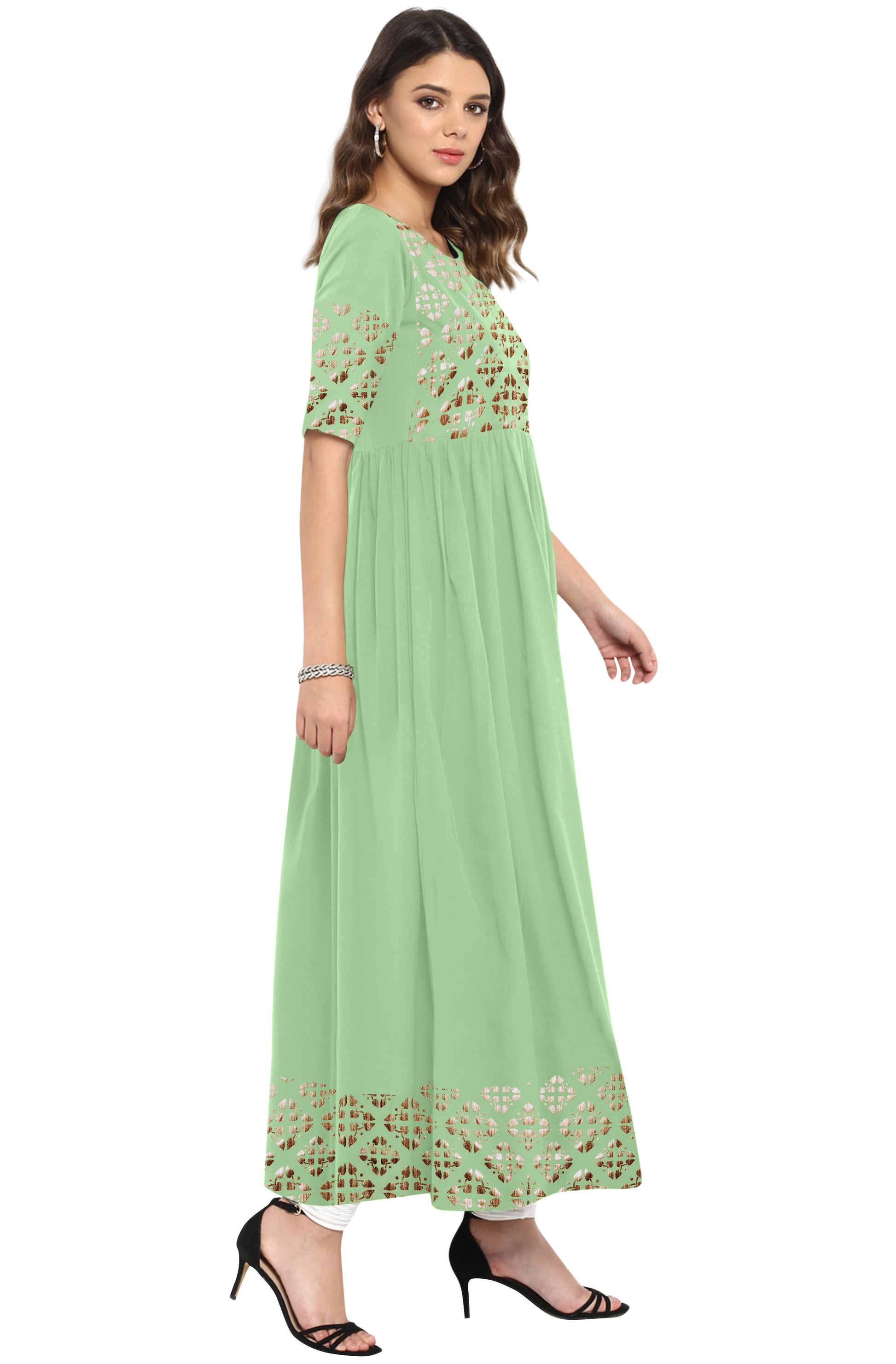 Janasya Light Green Poly Crepe Gold Print Flared kurta - Distacart