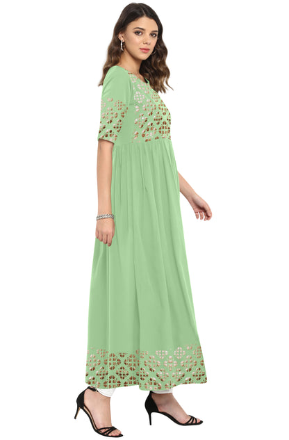 Janasya Light Green Poly Crepe Gold Print Flared kurta - Distacart