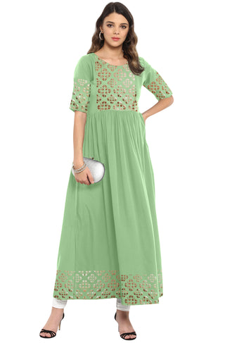 Janasya Light Green Poly Crepe Gold Print Flared kurta - Distacart