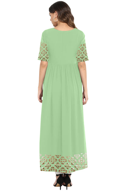 Janasya Light Green Poly Crepe Gold Print Flared kurta - Distacart