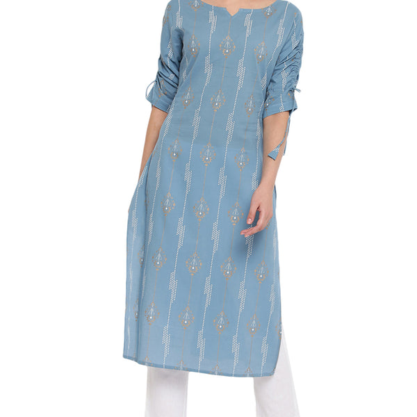 Janasya Turquoise Blue Cotton Ethnic Motifs Straight kurta - Distacart