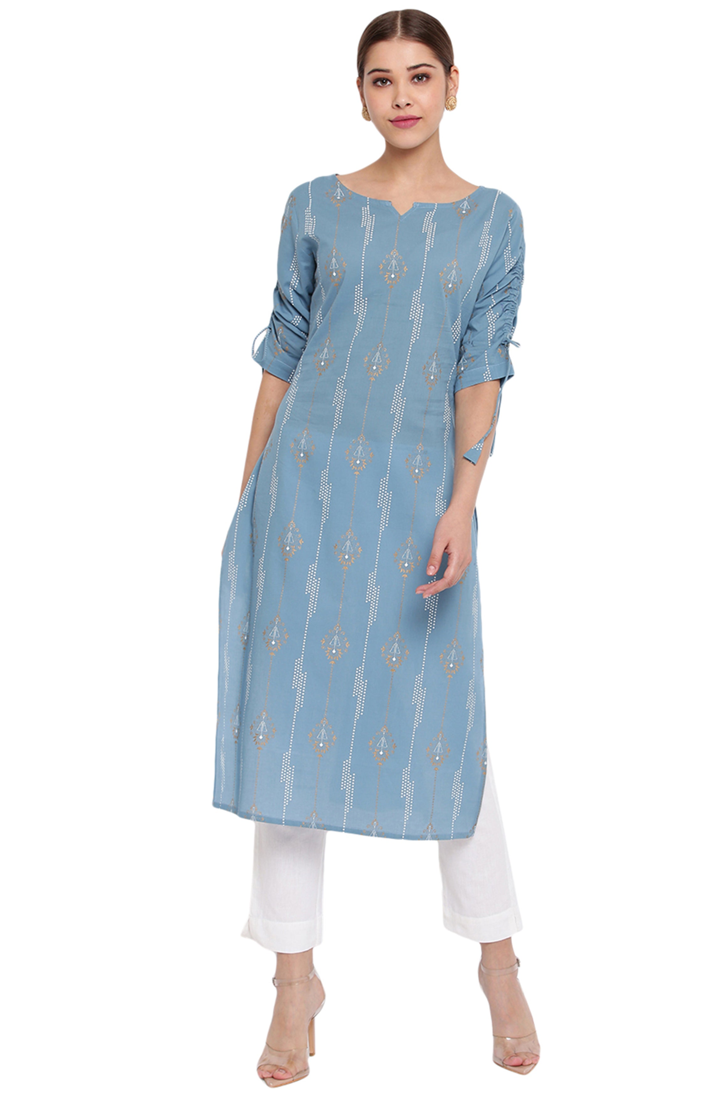 Janasya Turquoise Blue Cotton Ethnic Motifs Straight kurta - Distacart