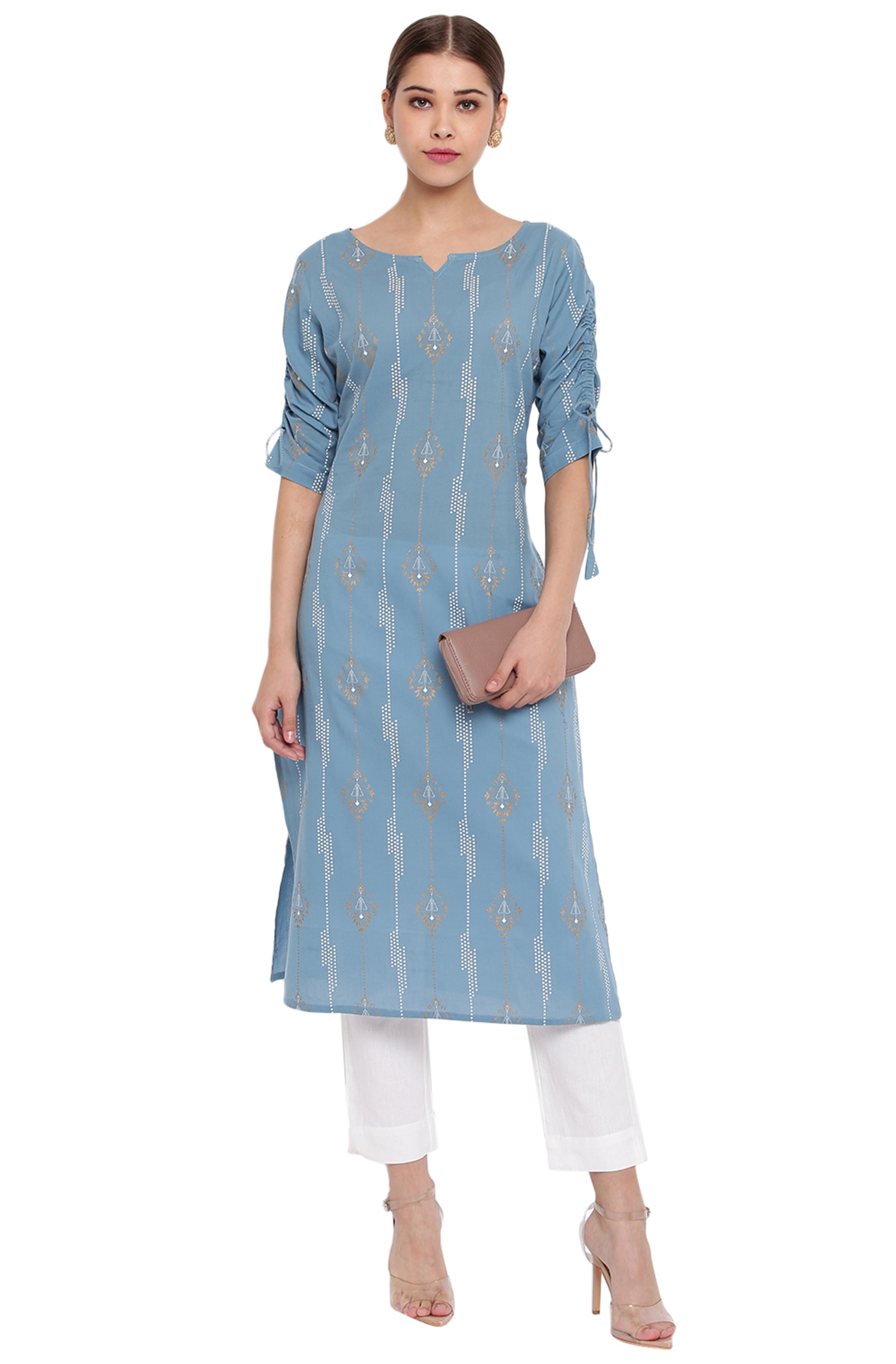 Janasya Turquoise Blue Cotton Ethnic Motifs Straight kurta - Distacart