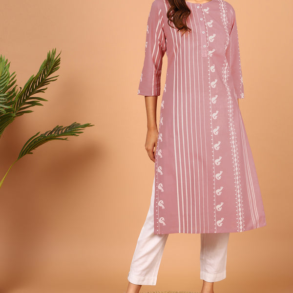 Janasya Pastel Pink Cotton Ethnic Motifs Straight kurta - Distacart