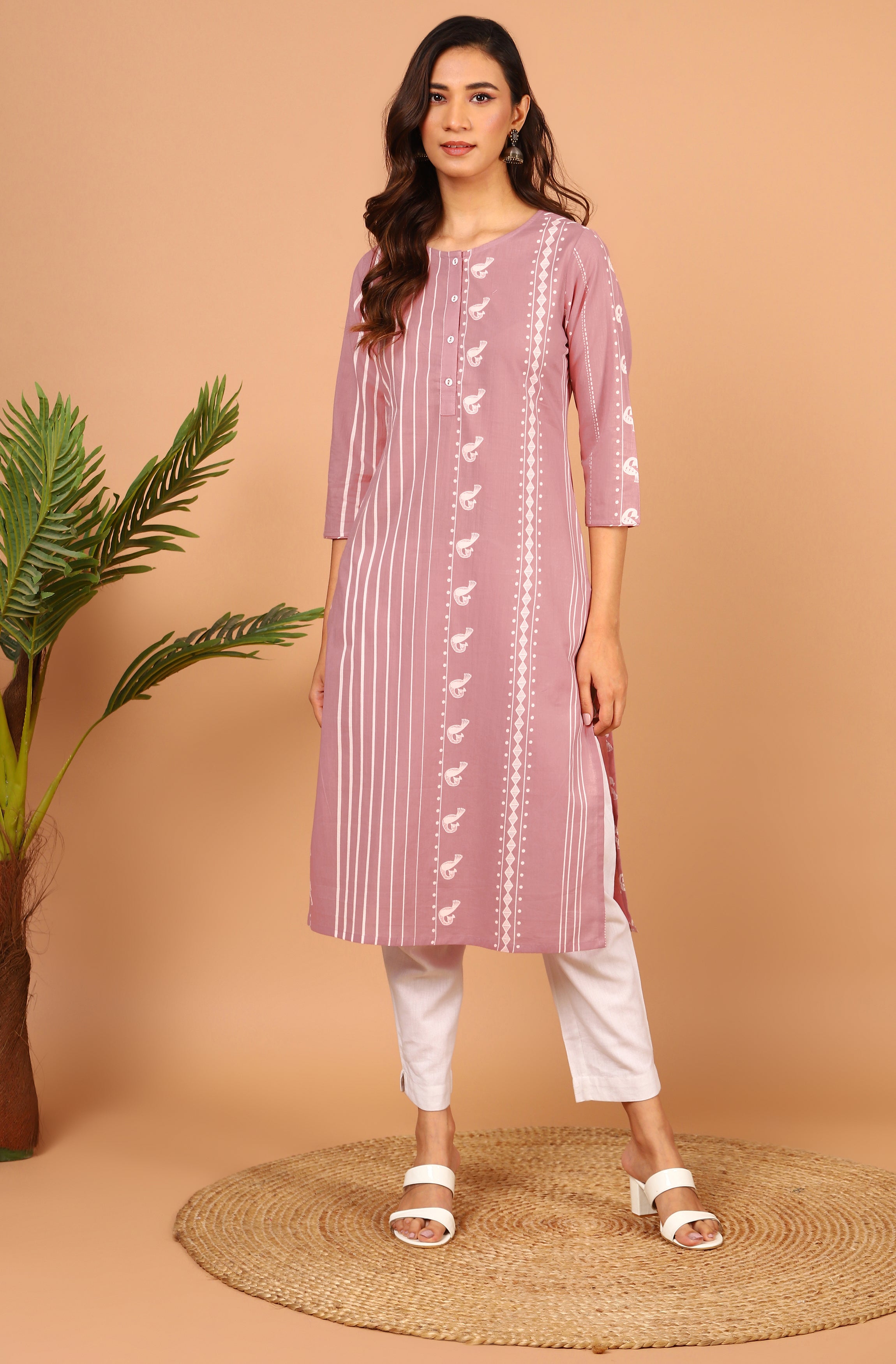Janasya Pastel Pink Cotton Ethnic Motifs Straight kurta - Distacart