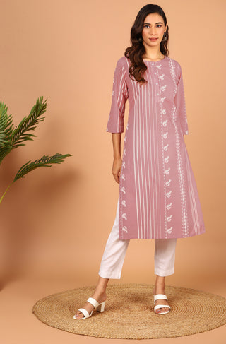 Janasya Pastel Pink Cotton Ethnic Motifs Straight kurta - Distacart