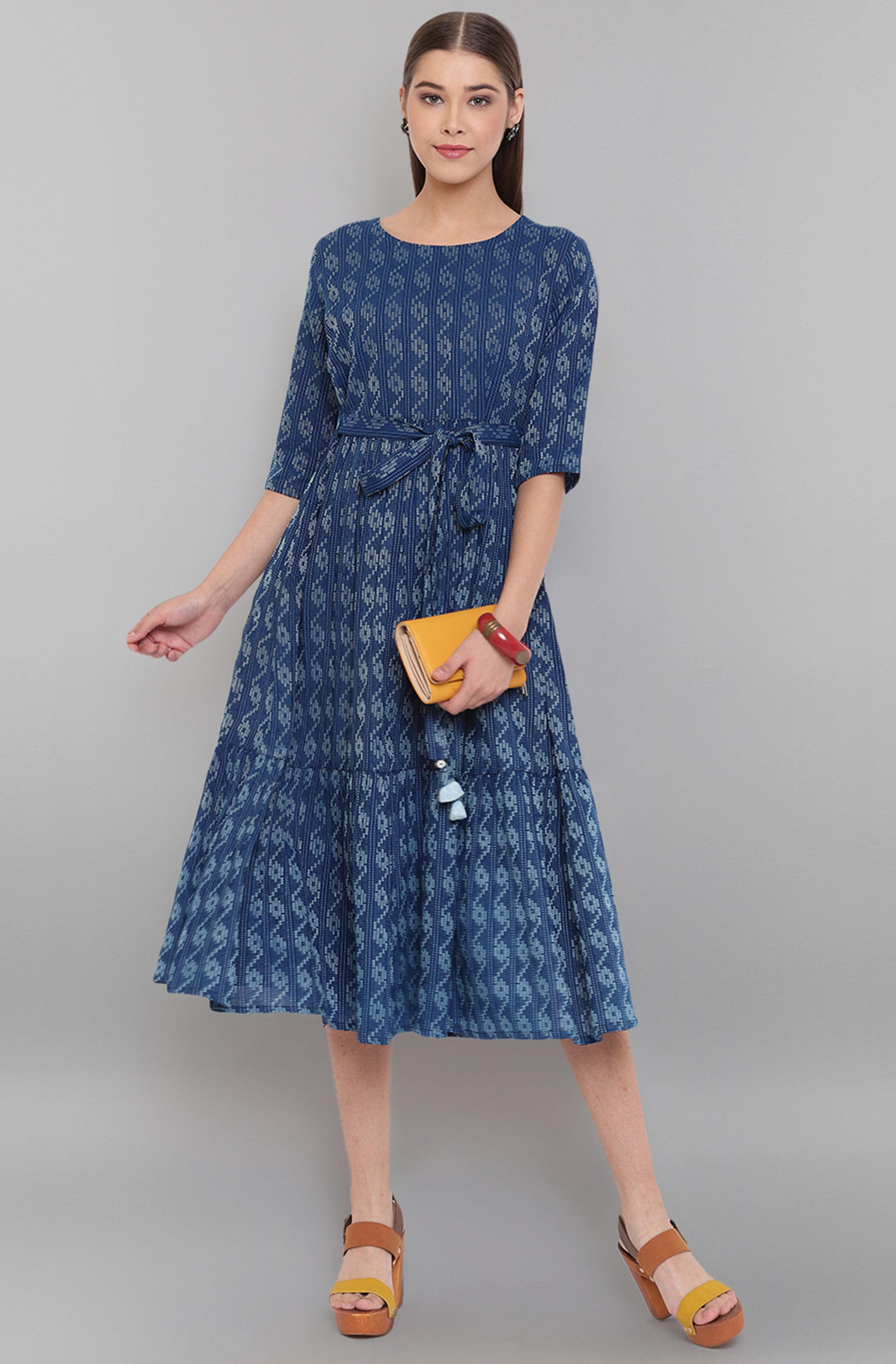 Janasya Blue Cotton Woven Design Flared Casual Dress - Distacart