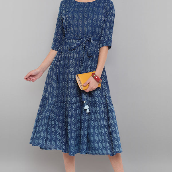 Janasya Blue Cotton Woven Design Flared Casual Dress - Distacart