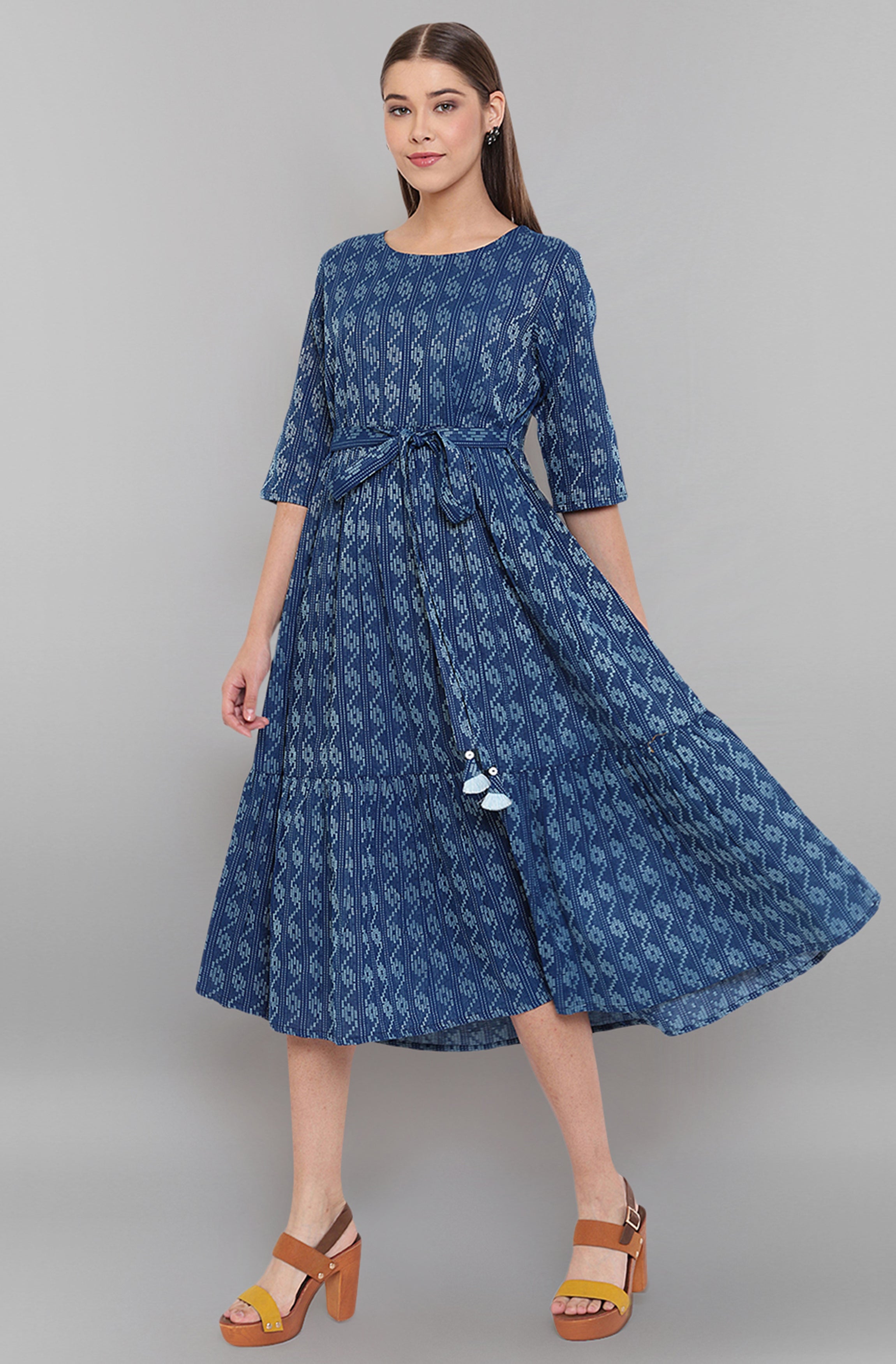 Janasya Blue Cotton Woven Design Flared Casual Dress - Distacart