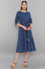 Thumbnail for Janasya Blue Cotton Woven Design Flared Casual Dress - Distacart