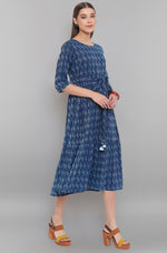 Thumbnail for Janasya Blue Cotton Woven Design Flared Casual Dress - Distacart