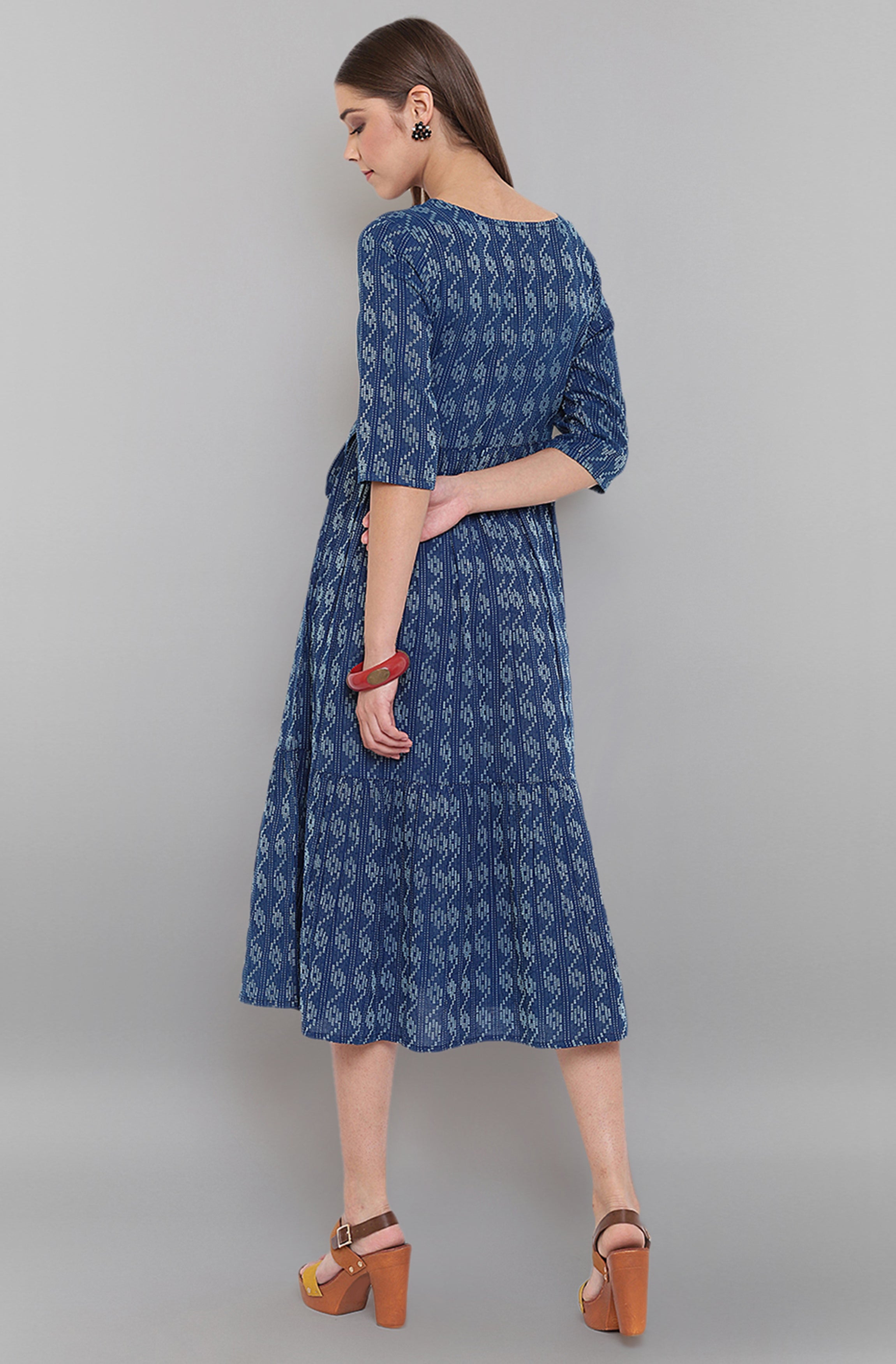 Janasya Blue Cotton Woven Design Flared Casual Dress - Distacart