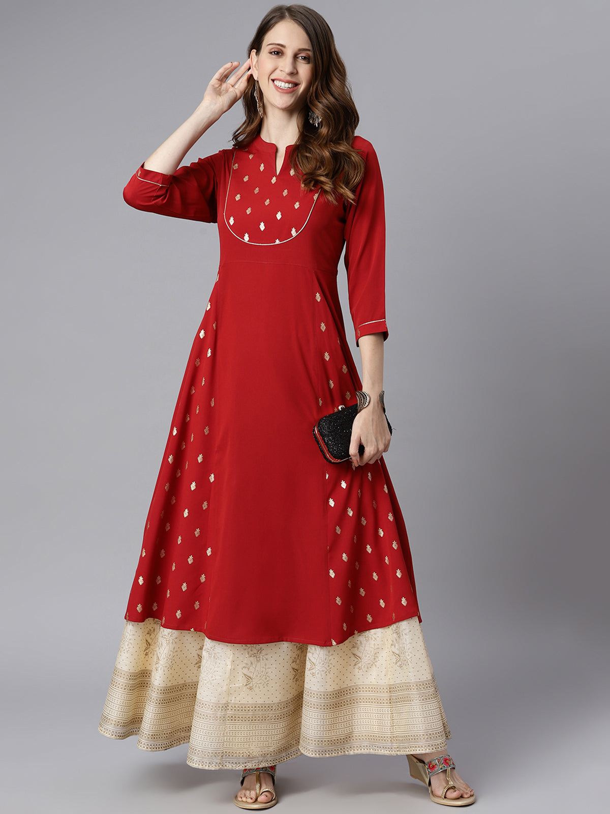 Janasya Maroon Poly Crepe Ethnic Motifs A-line kurta - Distacart