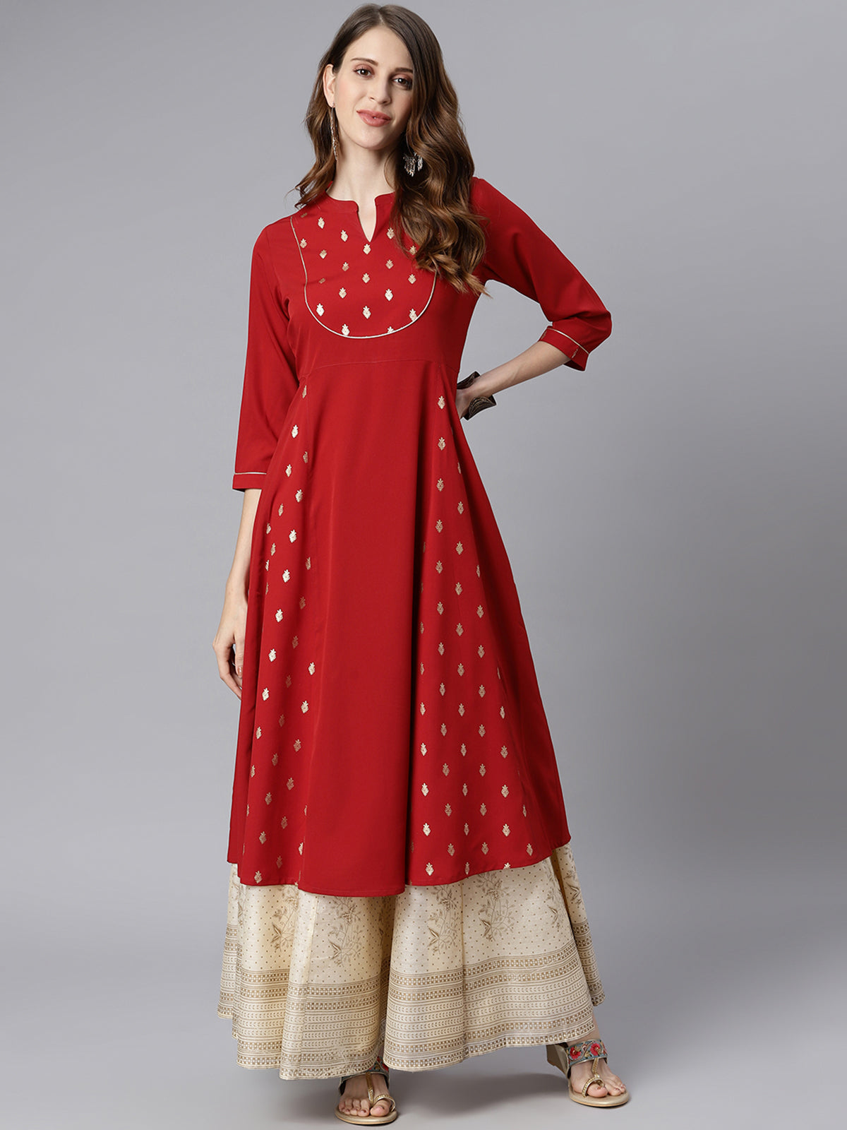 Janasya Maroon Poly Crepe Ethnic Motifs A-line kurta - Distacart