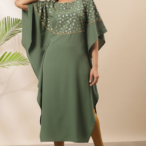 Janasya Green Poly Crepe Foil Print Kaftan kurta - Distacart