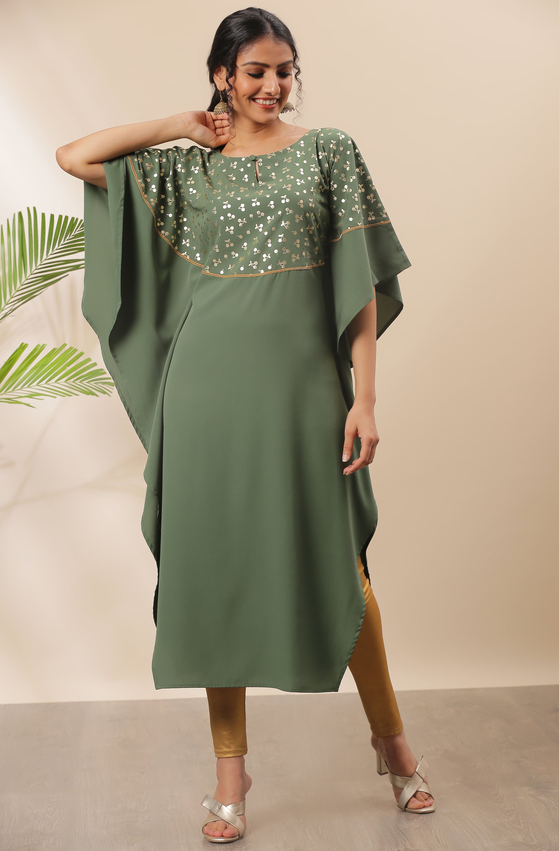 Janasya Green Poly Crepe Foil Print Kaftan kurta - Distacart