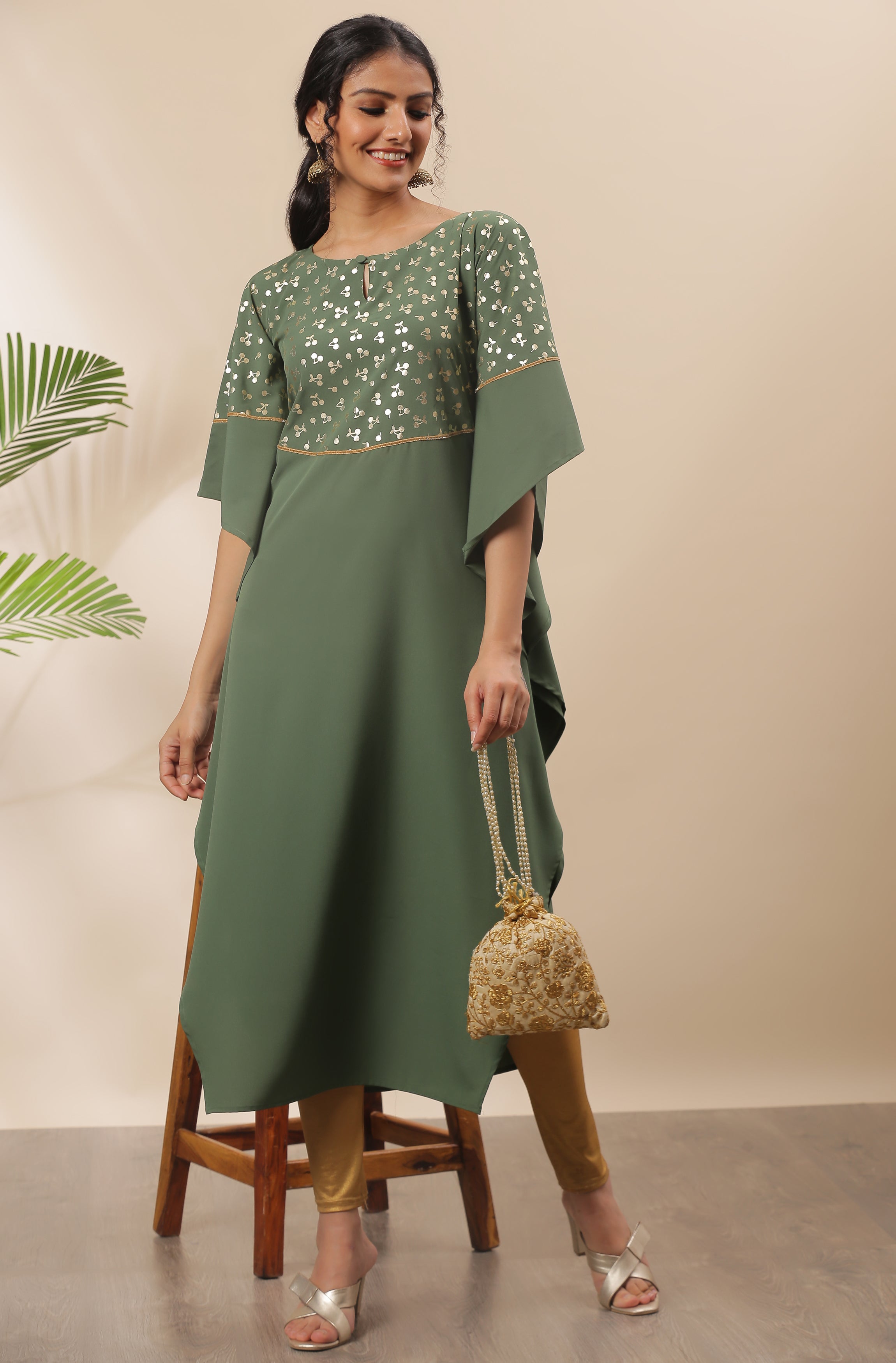 Janasya Green Poly Crepe Foil Print Kaftan kurta - Distacart