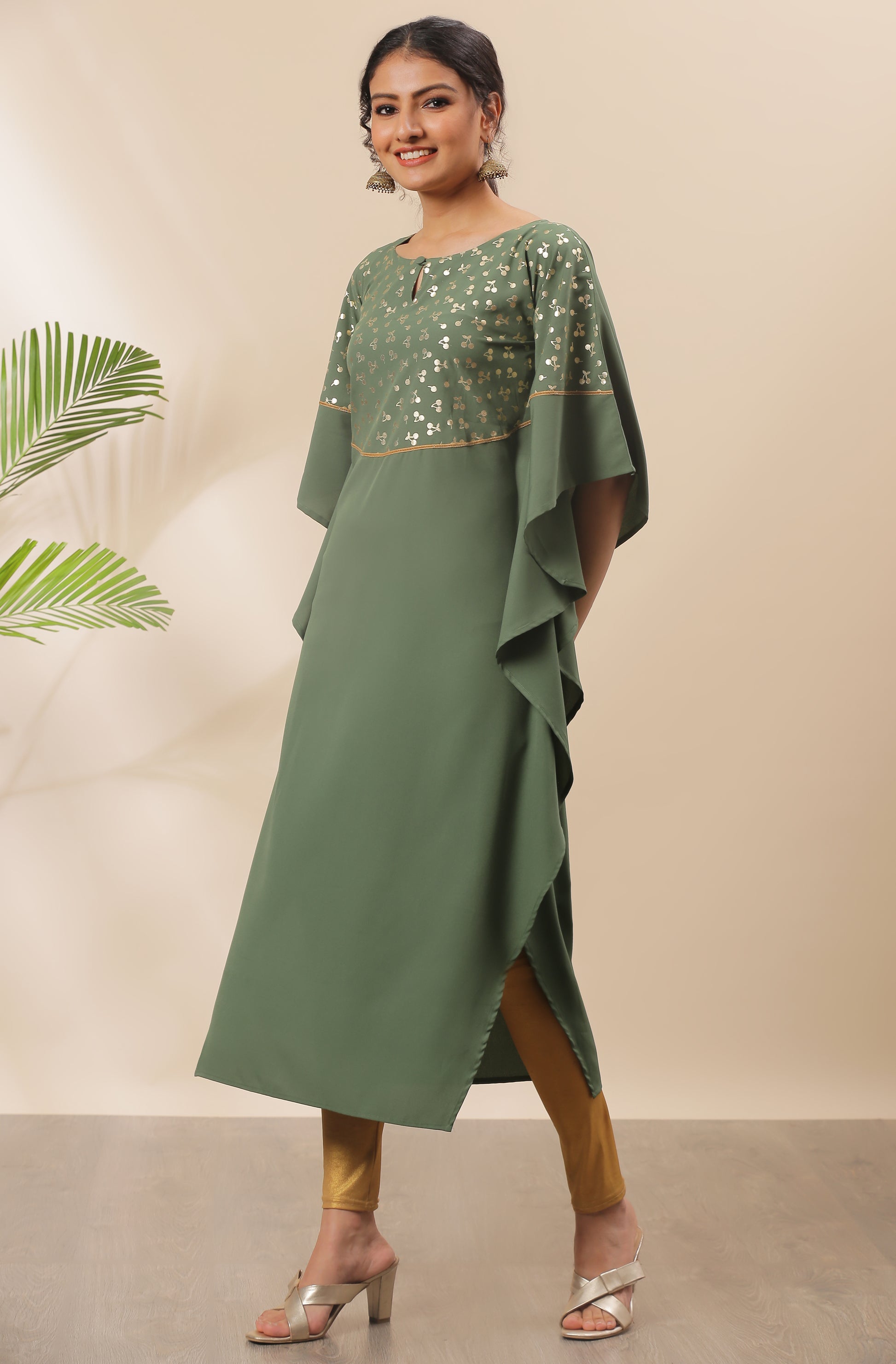 Janasya Green Poly Crepe Foil Print Kaftan kurta - Distacart