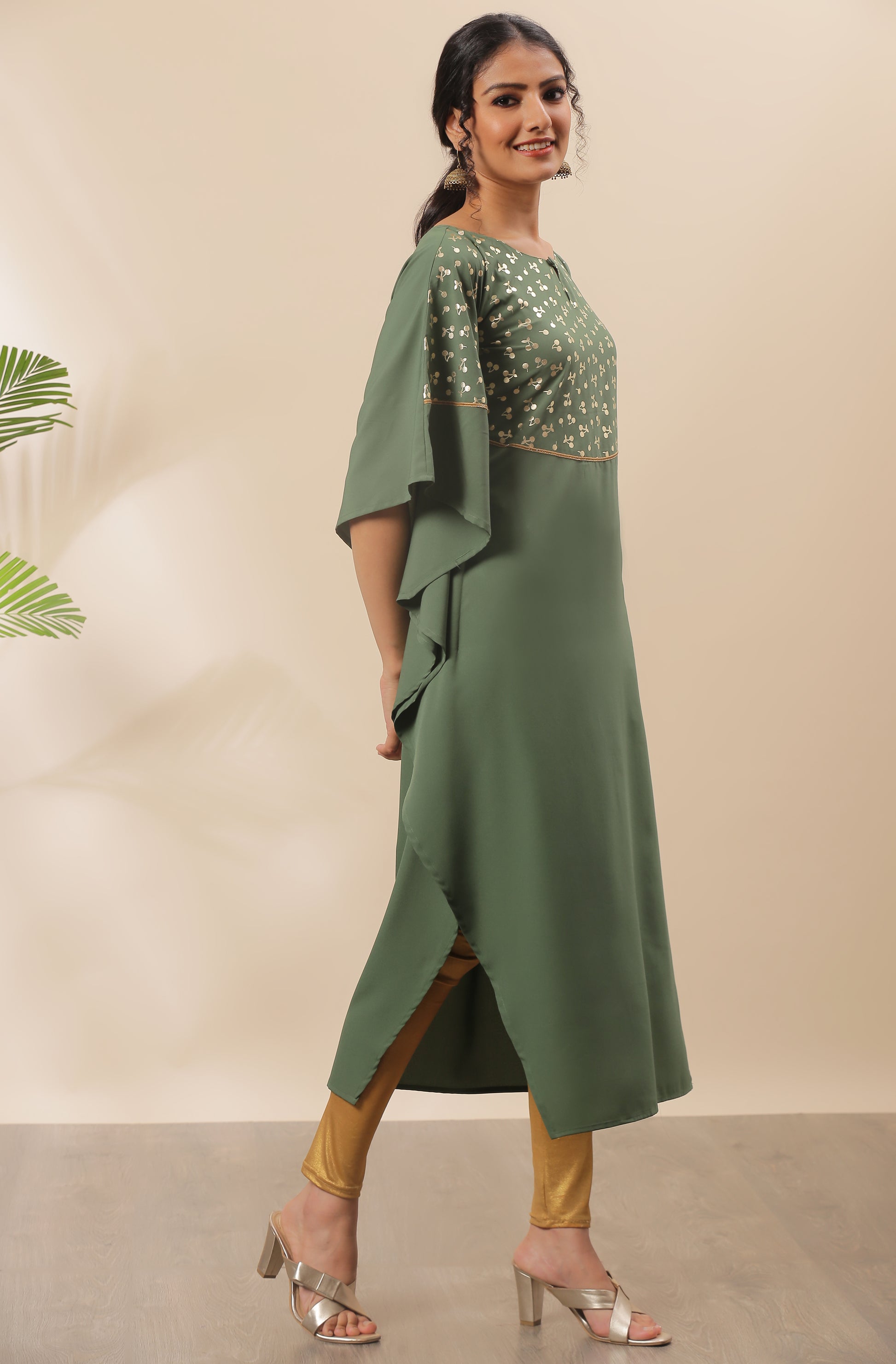 Janasya Green Poly Crepe Foil Print Kaftan kurta - Distacart