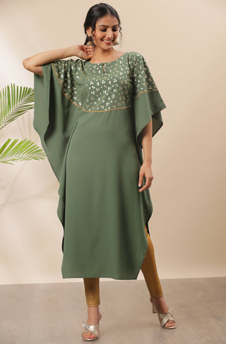 Janasya Green Poly Crepe Foil Print Kaftan kurta - Distacart