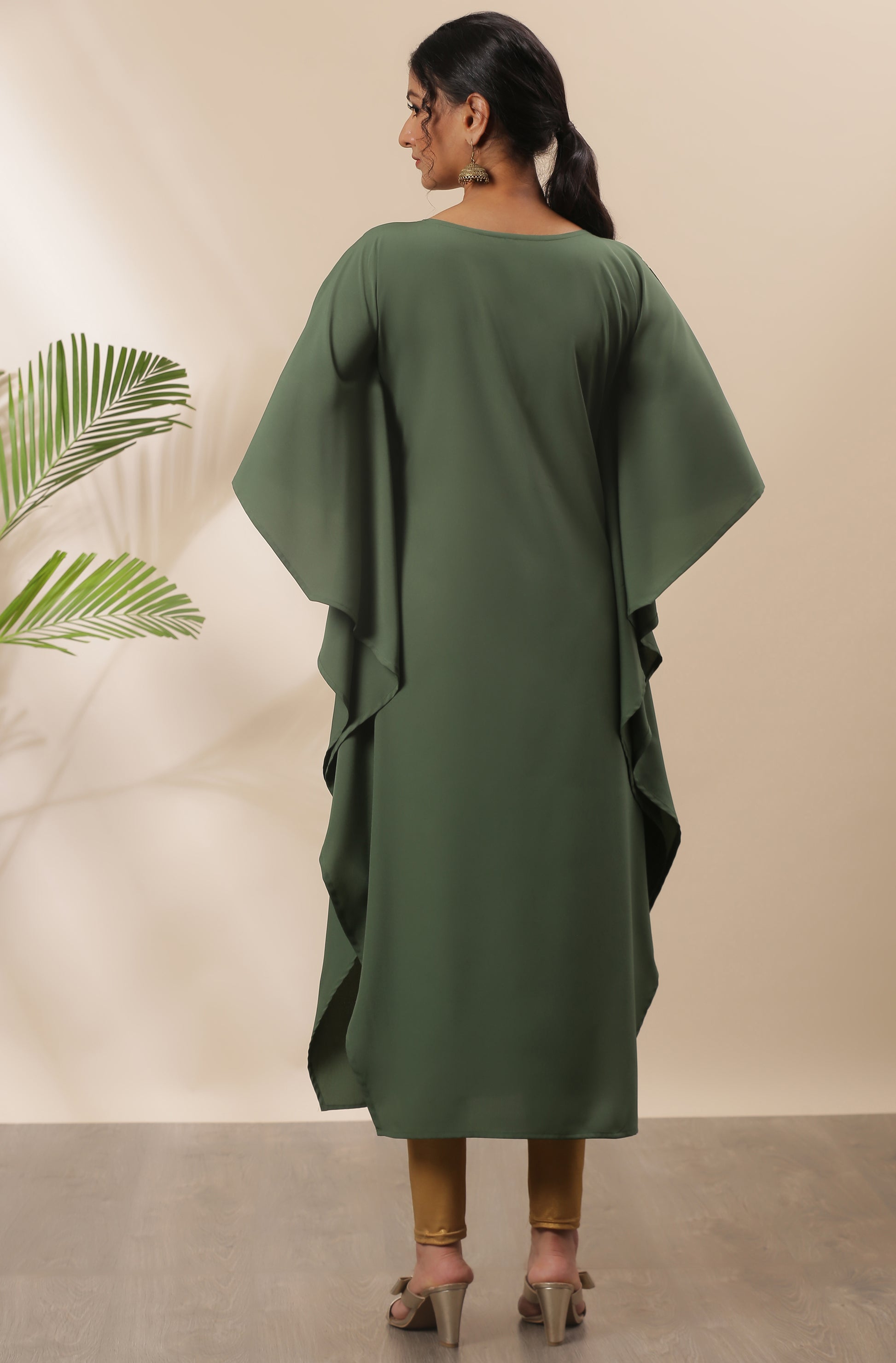Janasya Green Poly Crepe Foil Print Kaftan kurta - Distacart